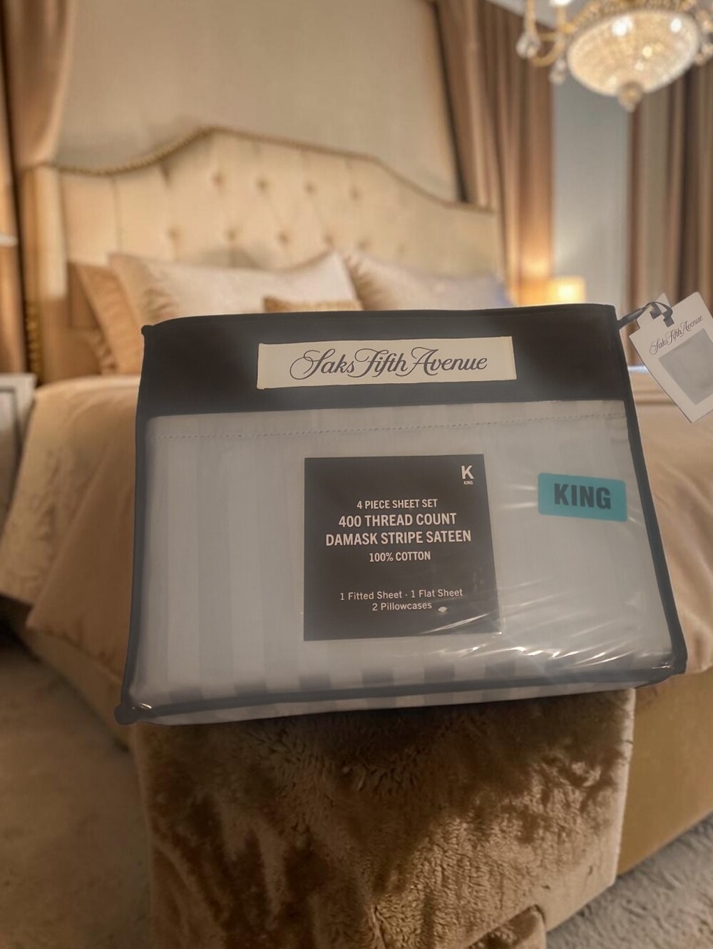 Saks Fifth Avenue King Damask Gray Stripe Sateen Sheet Set